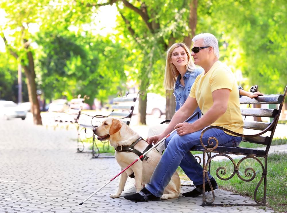 Homme aveugle avec son chien guide et une autre femme sont assis sur un banc